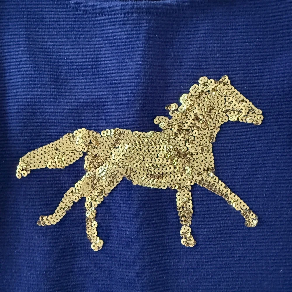 Gymboree Dress Girls 6 Navy Blue Sequin Horse Ribbed Knit Short Sleeve Shift